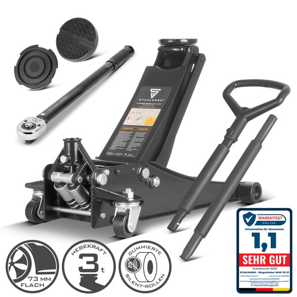 Stahlwerk Rangierwagenheber 3 Tonnen, ultra-flach, Drehmomentschlüssel, Gummiauflagen, gummierte Rollen, Stahlwerk Logo, Warentest Online sehr gut.