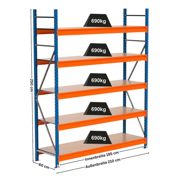 Lagerregal mit fünf Ebenen und Gewichtsangaben