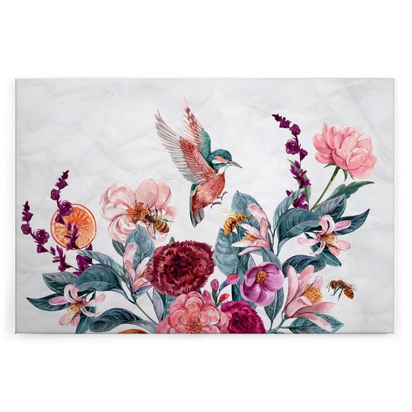Wandbild mit Aquarellmotiv von Blumen, einem Eisvogel und Bienen.