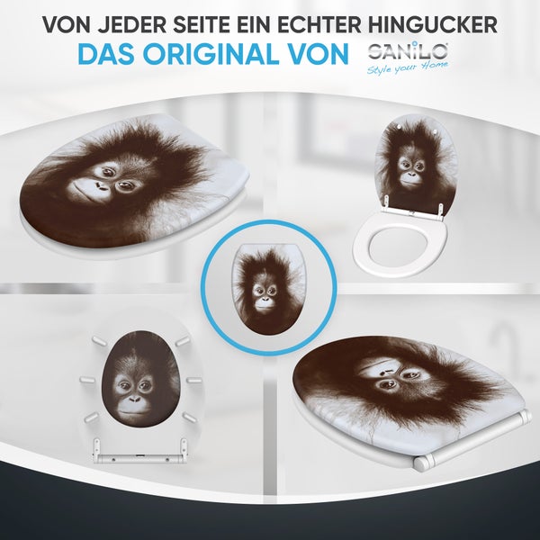 Sanilo WC Sitz mit Orang-Utan Motiv, Toilettendeckel aus Holz mit Absenkautomatik in verschiedenen Perspektiven dargestellt.