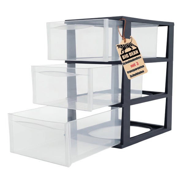 Big Dean Schubladenbox mit 3 transparenten Schubladen aus Kunststoff