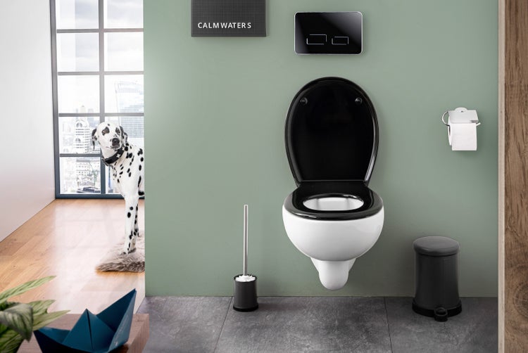 Modernes Wand WC mit schwarzem WC Sitz in einem Badezimmer mit Fenster, Hund und Badezimmeraccessoires.