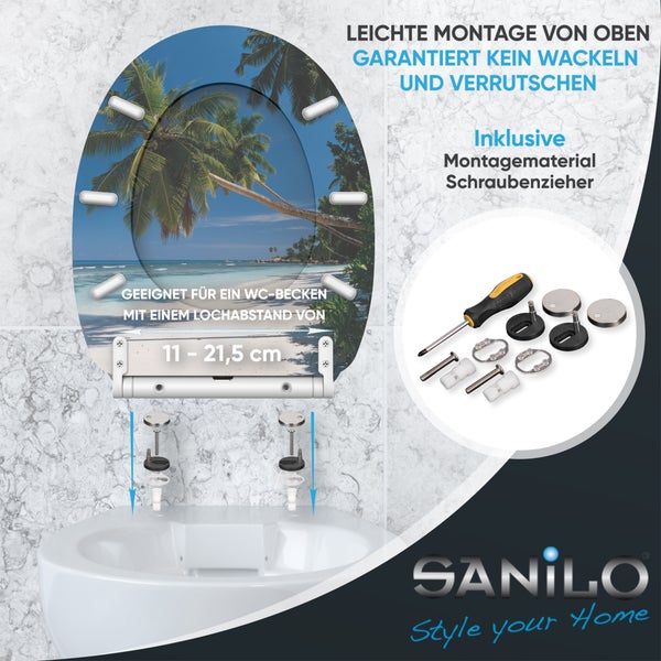 Sanilo WC Sitz mit Palmenmotiv inklusive Befestigungsmaterial und Schraubendreher für Montage von oben bei 11 bis 21,5 Zentimeter Lochabstand