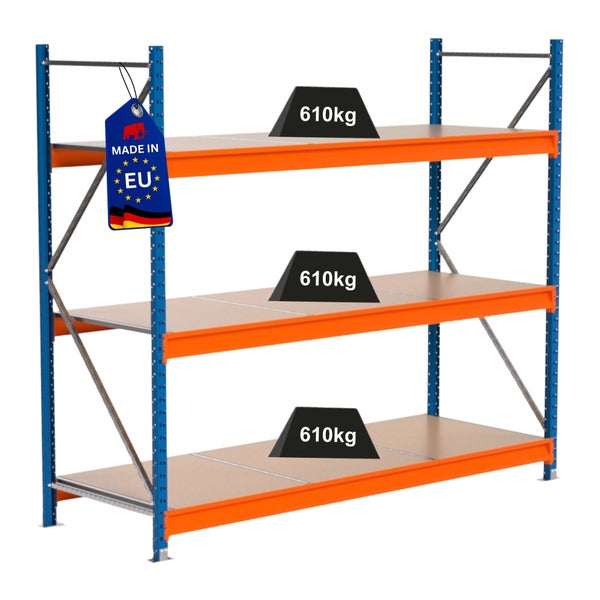 Schwerlastregal mit drei Ebenen und 'Made in EU'-Siegel