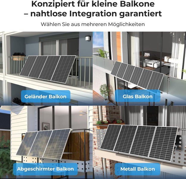 Balkonkraftwerk Montagebeispiele für Geländer-, Glas-, abgeschirmte- und Metallbalkone
