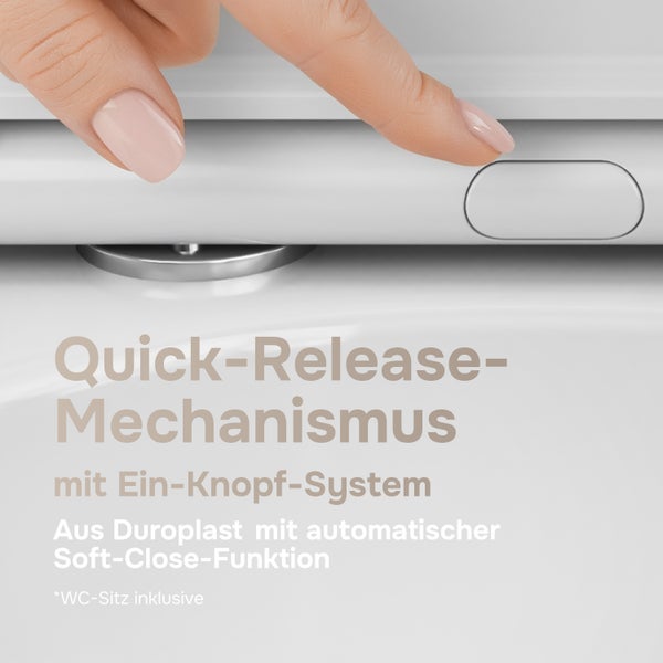 WC Sitz aus Duroplast mit Quick Release Mechanismus und Absenkautomatik zur einfachen Reinigung durch Knopfdruck