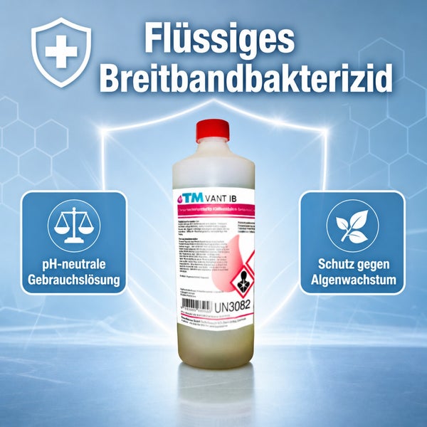 Flasche mit flüssigem Breitbandbakterizid TM VANT IB als pH neutrale Gebrauchslösung mit Schutz gegen Algenwachstum.