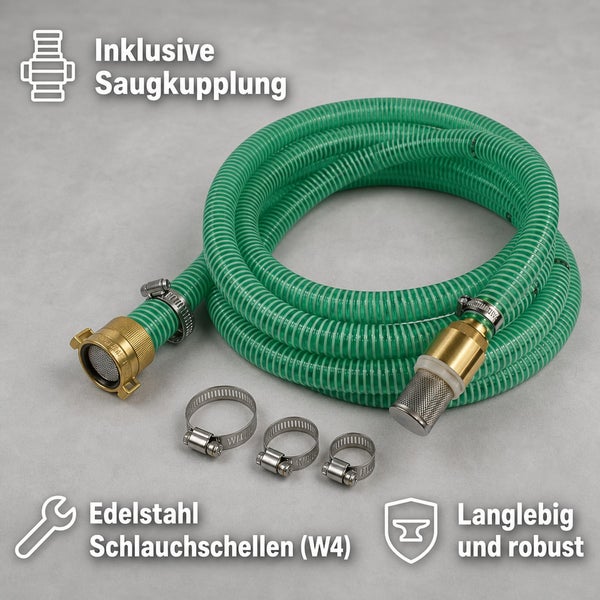 Saugschlauch Set mit Saugkupplung und Edelstahl Schlauchschellen für Pumpen