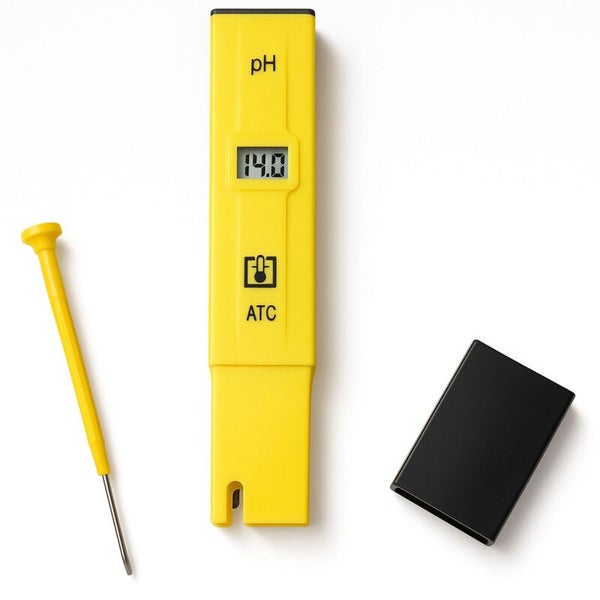 pH-Messgerät mit digitaler Anzeige, Schraubendreher und schwarzer Schutzhülle