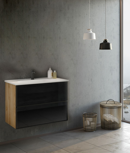 Badezimmer Möbel Badmöbel 100 x 50 cm Designer Badmöbel Schrank mit Keramik Waschbecken und Spiegel Front Schwarz