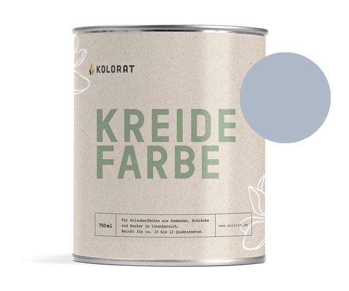 Kolorat Kreidefarbe für Möbel - ein gedämpftes Himmelblau mit einem zarten Schimmer von Grau - Farbton Fernweh Nr. 120. Matter Kreidelack für innen - Möbellack, Möbelfarbe - Holzfarbe - Kreidefarbe für Holz