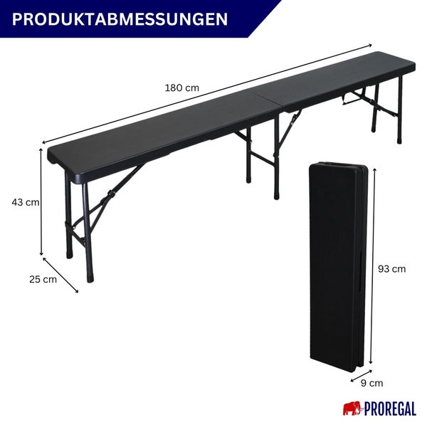 Klappbank mit den Produktabmessungen im geöffneten und geschlossenen Zustand