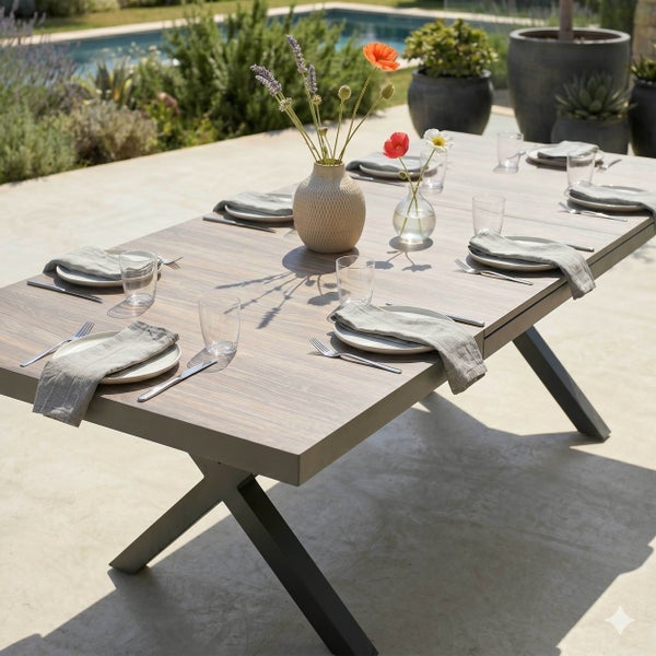 Moderner Gartentisch mit Tischplatte in Holzoptik und X-förmigem Metallgestell, gedeckt für eine Mahlzeit auf einer hellen Terrasse mit Pool.