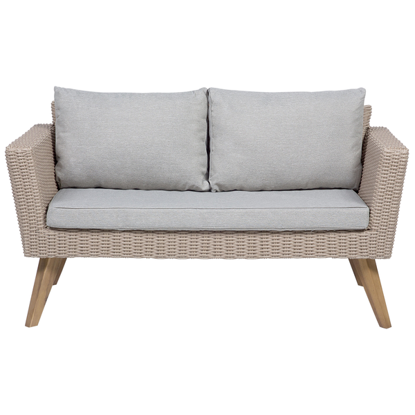 Zweisitziges Gartensofa aus Polyrattan mit Sitz- und Rückenkissen auf Holzbeinen für den Außenbereich