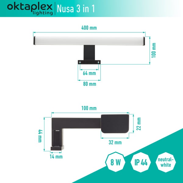 Spiegelleuchte LED 40cm schwarz 3in1 Montage 4000K Neutralweiß 8W 570lm Bad Spiegellampe Badezimmerlampe Wandleuchte Aufsteckleuchte