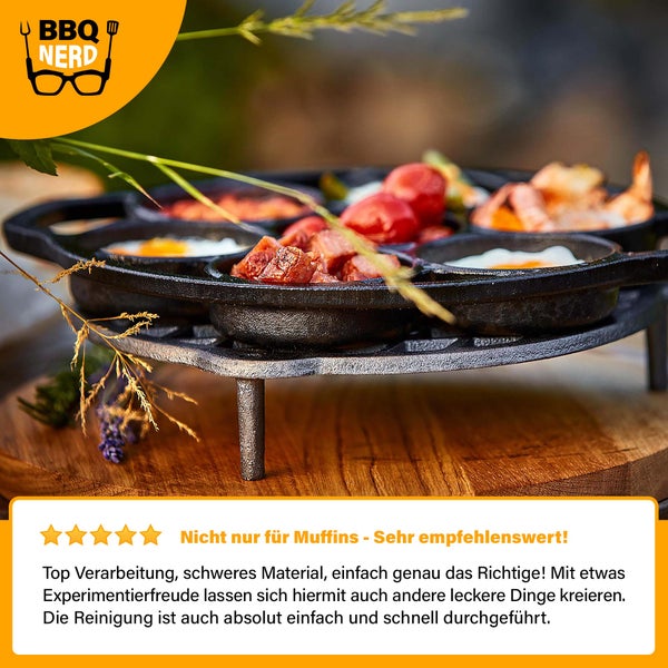 BBQ Nerd 6er Muffinbackform aus Gusseisen | Cupcake Pan für Grill, Ofen & Dutch Oven | Antihaft Muffinförmchen - Gusseiserne Muffinform mit Henkel