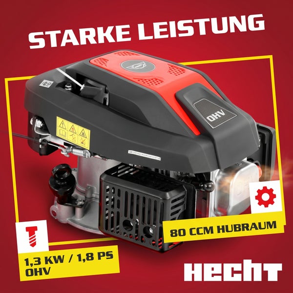 Hecht Motor mit OHV Technologie, 80 Kubikzentimeter Hubraum, 1,3 Kilowatt und 1,8 Pferdestärken. Hecht Logo.