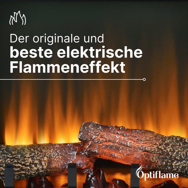 Detailansicht eines elektrischen Kamins mit Optiflame Flammen-Technologie und glühenden Holzscheiten. Optiflame Logo.