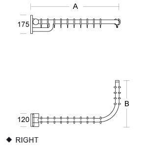 Maßskizze einer zweiläufigen Vorhangstange mit Bogen nach rechts inklusive Längen- und Breitenangaben.