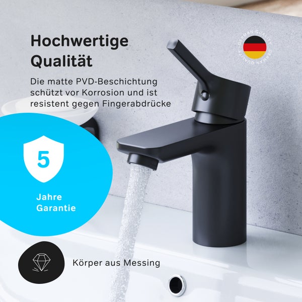 Moderne Waschtischarmatur aus Messing mit PVD Beschichtung und 5 Jahren Garantie.