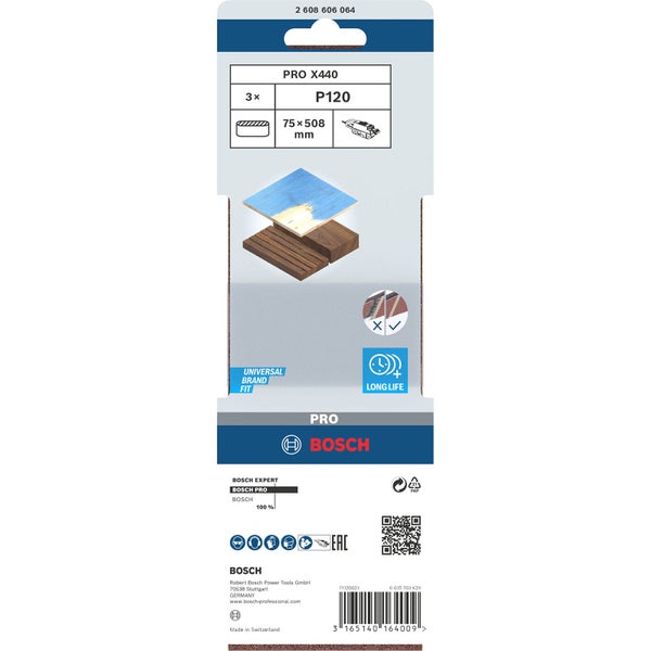 Bosch PRO X440 Schleifstreifen Set, 3 Stück, Körnung P120, circa 75 mal 508 Millimeter