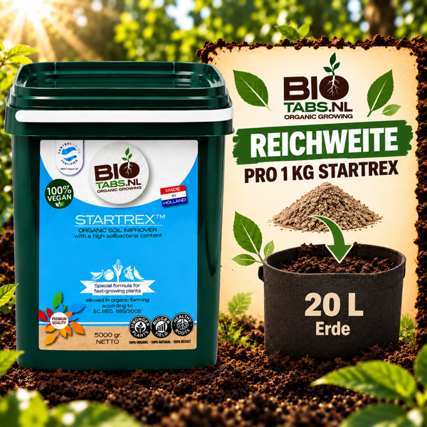 BioTabs Startrex organischer Bodenverbesserer im 5000 Gramm Eimer mit Bodenbakterien fuer gesundes Pflanzenwachstum.