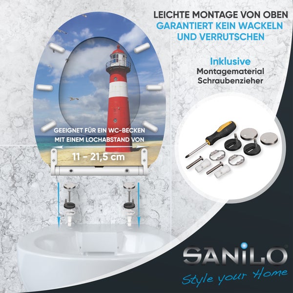 Sanilo WC-Sitz mit Leuchtturm, Montage von oben, inklusive Material und Werkzeug, Lochabstand 11 bis 21,5 Zentimeter. Sanilo Logo.