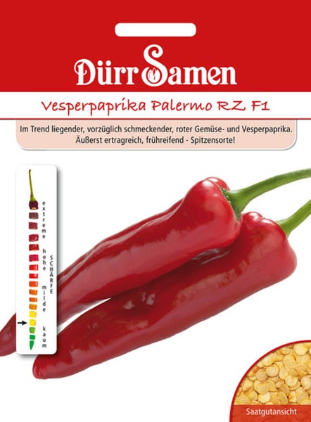 Dürr Samen Logo, Vesperpaprika Palermo RZ F1, Saatgut für rote, längliche Paprika mit geringer Schärfe.