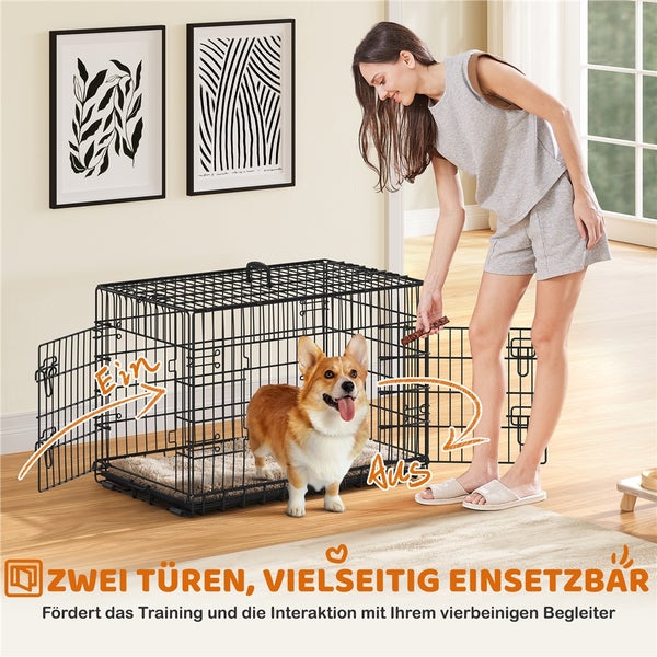 Drahtkäfig mit zwei Türen für Hunde, mit Frau und Hund im Zimmer.