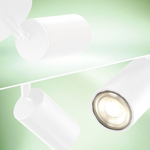 Zylindrischer Deckenstrahler in Weiß, Detailansicht aus verschiedenen Perspektiven mit eingeschalteter Lichtquelle.