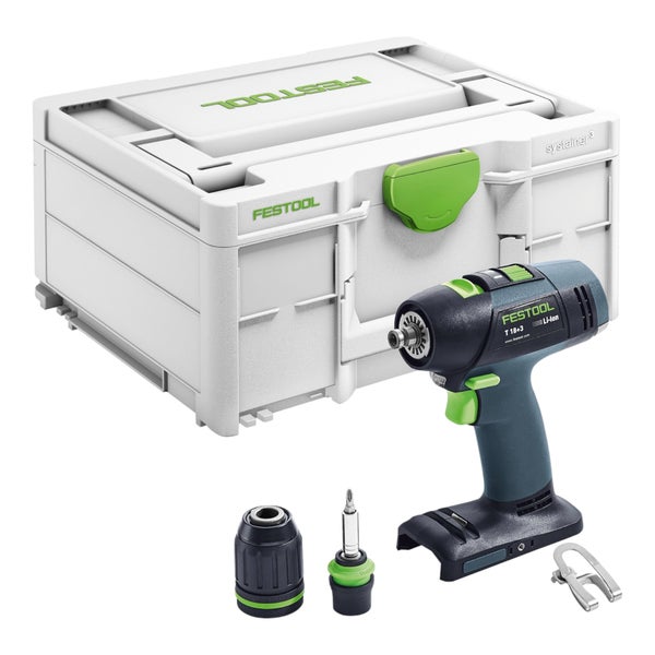 Festool Akku-Bohrschrauber T 18+3 im Systainer mit Schnellspannbohrfutter, Werkzeughalter und Gürtelclip.