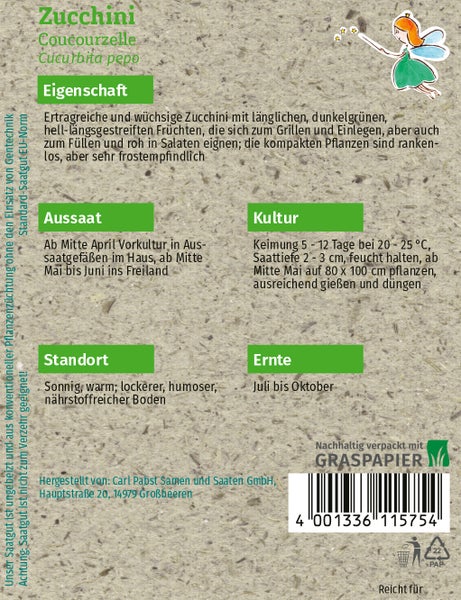 Rückseite der Samentüte für Zucchini Coucourzelle mit Angaben zu Aussaat ab Mitte April, Ernte von Juli bis Oktober und Graspapier Logo.
