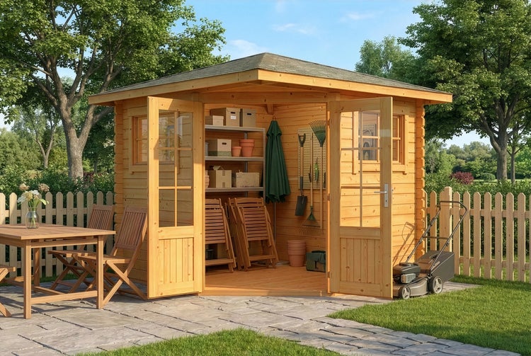 Gartenhaus aus Holz mit geöffneten Doppeltüren, Inneneinrichtung mit Regalen und Werkzeug, auf einer Steinterrasse neben einem Rasen.