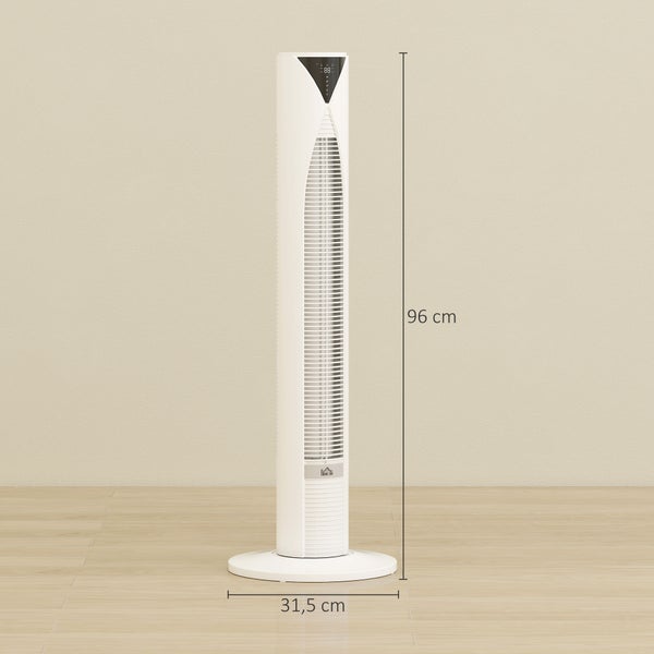 Turmventilator mit digitalem Display, Höhe 96 Zentimeter, Durchmesser Standfuß 31,5 Zentimeter, HOMCOM Logo.