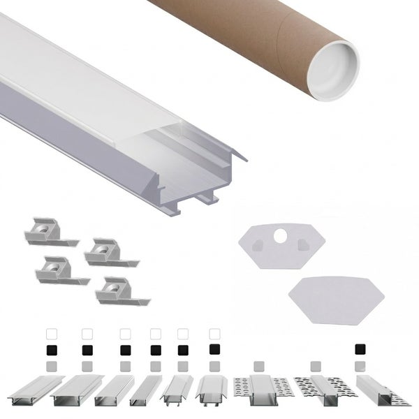 LED Aluminiumprofil Set für LED Streifen mit Abdeckung, Befestigungsclips und Endkappen in einer Transportröhre.
