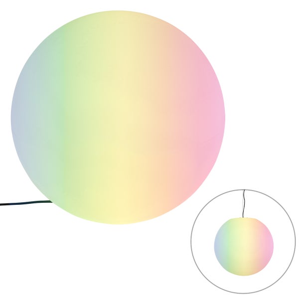 Kugelleuchte für den Außenbereich mit Farbwechselfunktion und Netzkabel.