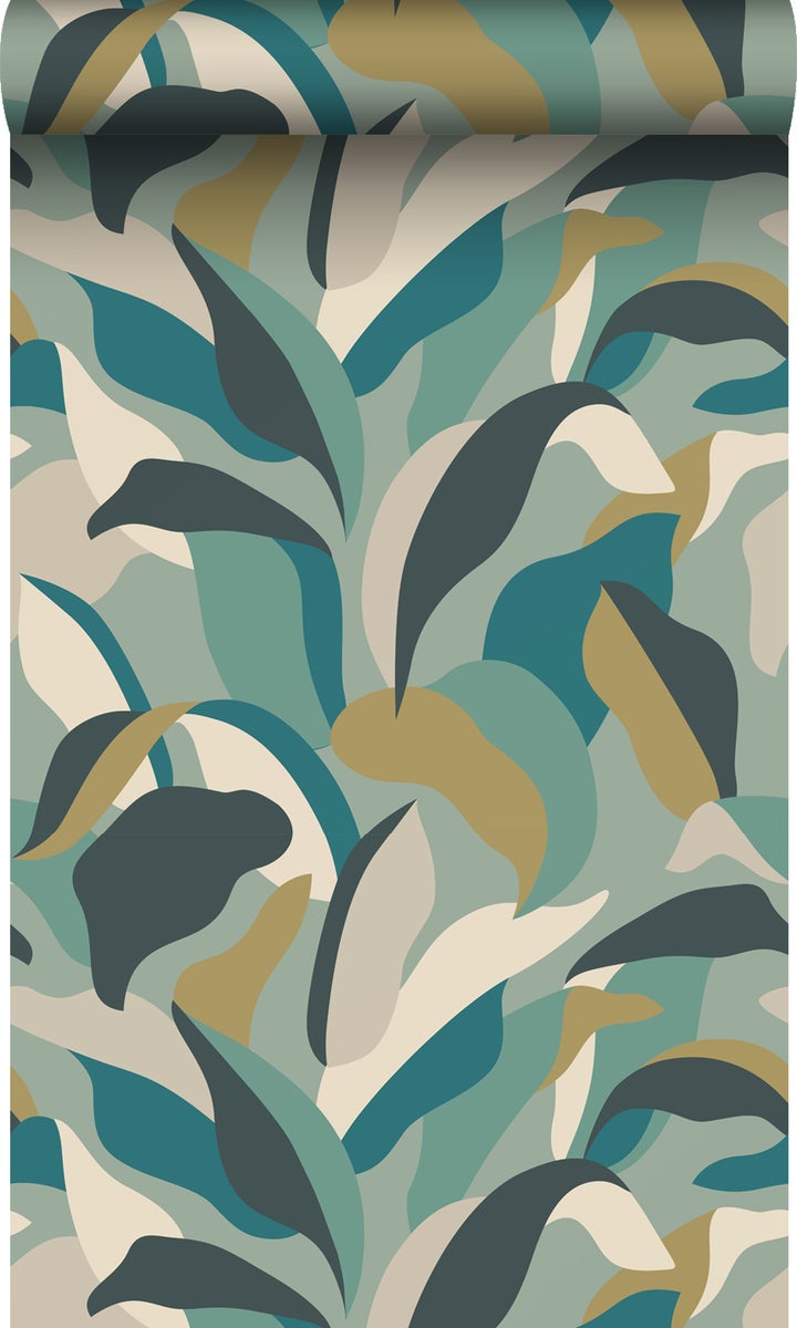 Origin Wallcoverings Öko-Strukturtapete tropische Blätter Meeresgrün und Petrolblau - 50 x 900 cm - 347881