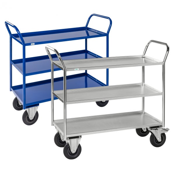 Zwei Etagenwagen mit drei Ebenen und Rollen.