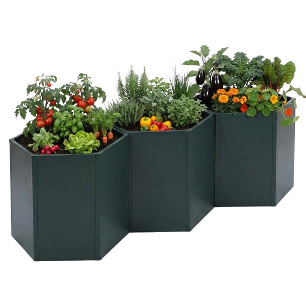 Drei sechseckige Hochbeete aus Metall, bepflanzt mit verschiedenem Gemüse, Kräutern und Blumen, modulares System
