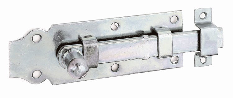 Ein verzinkter Riegel für Türen und Tore mit Montageplatte und Führungen.