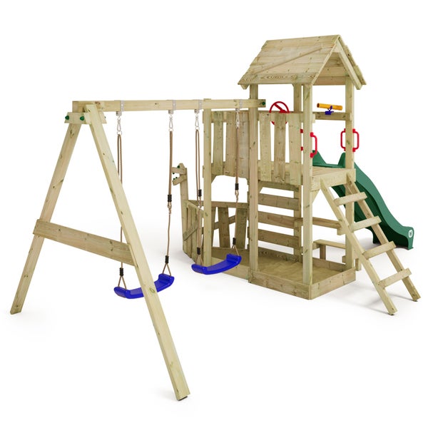 WICKEY Spielturm Klettergerüst GalleyFlyer mit Schaukel und Rutsche, Kletterturm mit Sandkasten, Kletterleiter und Spiel-Zubehör – grün