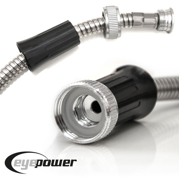 Flexibler Verlängerungsschlauch aus Metall für Wasserhähne mit schwarzem Kunststoffgriff und Gewindeanschluss. eyepower Logo.