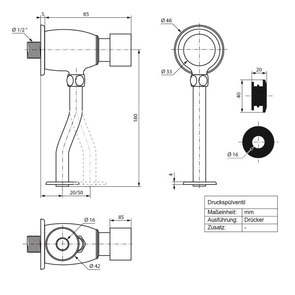 Technische Zeichnung eines Druckspülventils mit Drückerbetätigung und Maßangaben in Millimetern.