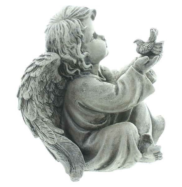 Engel-Skulptur mit Vogel-Dekoration für den Garten