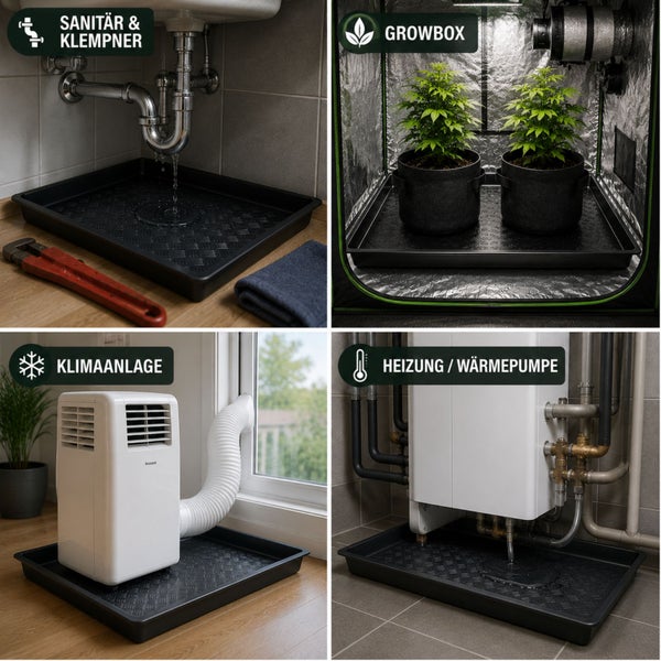 Collage schwarze Kunststoff-Auffangwanne in vier Bereichen: Sanitär und Klempner, Growbox, Klimaanlage sowie Heizung oder Wärmepumpe.