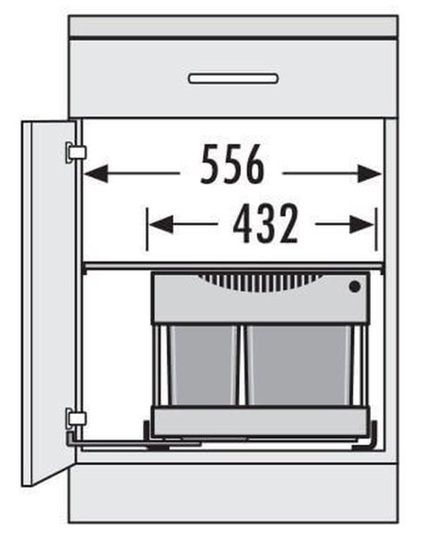 Skizze eines Waschbeckenunterschranks mit den Maßen 556 und 432.