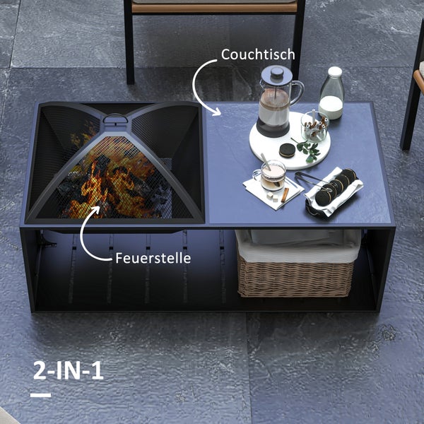 Outsunny Feuerschale, Feuerkorb mit Funkengitter, Feuerstelle mit Schürhaken, Ablage für Garten, Terrasse, Metall, Schwarz