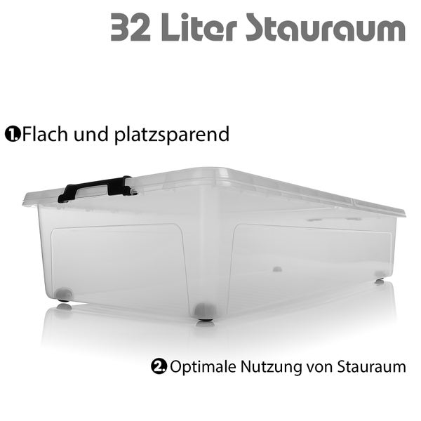 BigDean 2 Stück Unterbett Aufbewahrungsbox 32 L luftdicht & mit Rollen aus widerstandsfähigem Kunststoff – Unterbettkommode für Kleidung, Spielzeug u.v.m – Aufbewahrungsbox Made in Europe
