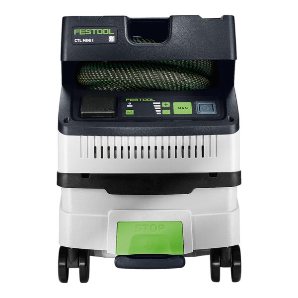 Festool Absaugmobil CTL MINI I mit Schlauchdepot, Bedienfeld, Rollen und Stop-Pedal.