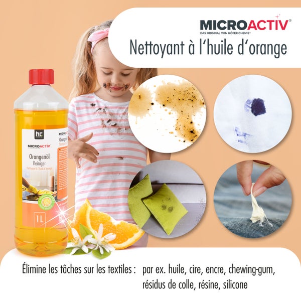Orangenöl Reiniger in einer Ein-Liter-Flasche mit Orangenscheiben und Orangenblüten